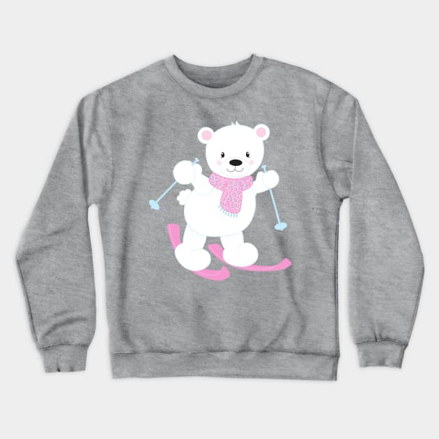 Polar Bear, White Bear, Cute Bear, Skiing Bear Crewneck Sweatshirt by Jelena Dunčević